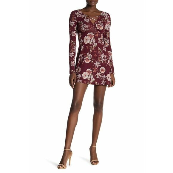 PLANET GOLD Women's Red Zinfandel Floral Long Sleeve Dress Size M Crisscross V-N - Picture 5 of 14